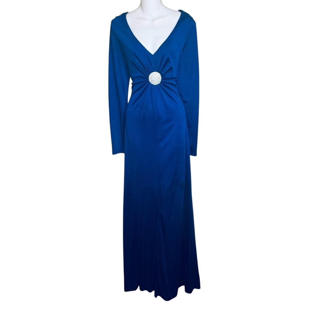 VTG 70s Jersey Knit Lane Bryant TALL Blue Deep Plunge Disco Evening Dress 2X 3X